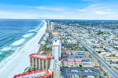 an aerial view of the beach and the ocean at Coral Reef 1001 in Panama City Beach