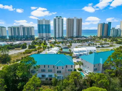 an aerial view of a city with tall buildings and the ocean at Emerald Coast Villa in Panama City Beach