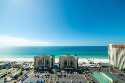 an aerial view of the beach and buildings at Laketown Wharf 2117 'High Tide' in Panama City Beach