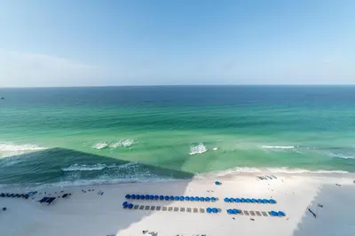 an aerial view of a beach with the ocean at Seychelles 1602 'Ocean Pearl' in Panama City Beach