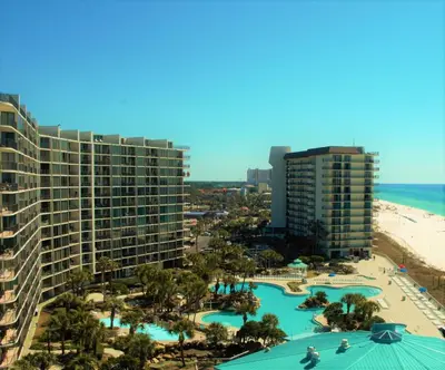 an aerial view of the resort with the beach and buildings at Edgewater W102 'Tides Edge' in Panama City Beach
