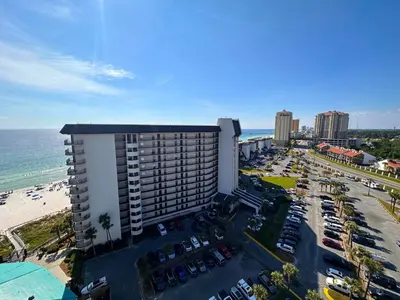 an aerial view of a hotel and the beach at Edgewater 1-1212 'Combee's Penthouse HideAway' in Panama City Beach