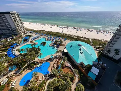 an aerial view of a resort with a beach at Edgewater 1-1212 'Combee's Penthouse HideAway' in Panama City Beach