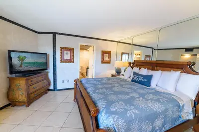 a bedroom with a bed and a flat screen tv at Edgewater 2-0405 'Make Some Waves' in Panama City Beach