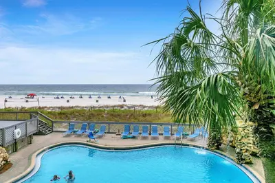 an overhead view of a swimming pool and the beach at Edgewater Tower 2-108-Gunners Paradise in Panama City Beach