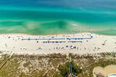 an overhead view of a beach with people and umbrellas at Emerald Beach 2234 'Seas The Dream South' in Panama City Beach