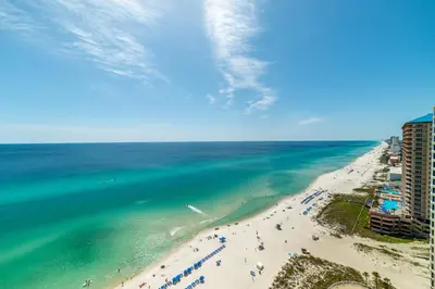 an aerial view of a beach and the ocean at Emerald Beach 2234 'Seas The Dream South' in Panama City Beach