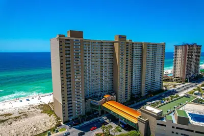 an aerial view of a building next to the beach at Emerald Beach 2234 'Seas The Dream South' in Panama City Beach