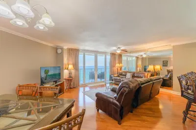 a living room with a couch and a table at Dunes of Panama E1703 'After-Dune Delight' in Panama City Beach