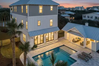 an aerial view of a house with a swimming pool at Paradise Found 30A in Seacrest