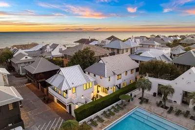 an aerial view of a house with a pool at Abba Cottage in Rosemary Beach