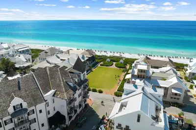an aerial view of a beach with houses and the ocean at Abba Carriage House in Rosemary Beach