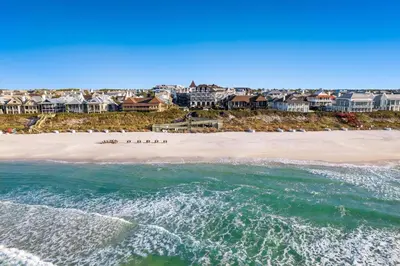 an aerial view of a beach with houses at Abba Carriage House in Rosemary Beach