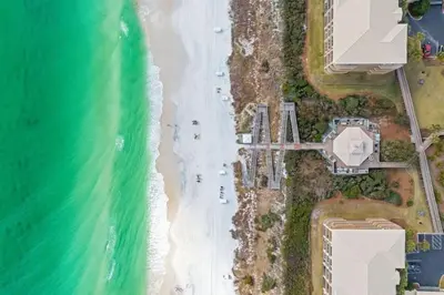 an overhead view of the beach and the ocean at High Pointe Resort 432 in Inlet Beach