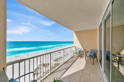 a balcony with a view of the beach at Beachfront Unit-Majestic Beach Resort in Panama City Beach