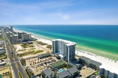 an aerial view of a beach and the ocean at Watercrest 906 | Sand, Sea & Serenity in Panama City Beach