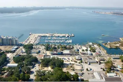 an aerial view of a marina with boats in the water at Spacious 3-Story Bayfront Home Perfect for Family Fun & Relaxation in Panama City