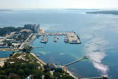 an aerial view of a harbor with boats in the water at Spacious 3-Story Bayfront Home Perfect for Family Fun & Relaxation in Panama City