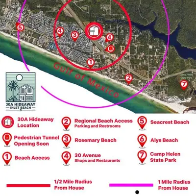 a diagram of a map of a beach at Walk to Rosemary - Poolside, 6 Bikes, Beach Access in Inlet Beach