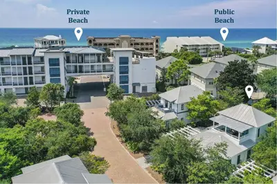 an aerial view of the resort with the ocean in the background at Steps to Public & Private Beach in Seacrest FL 30A, Pool, Bikes, Gear, and More! in Seacrest