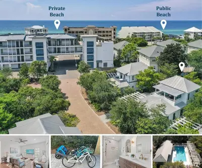 a collage of photos of a resort at Steps to Public & Private Beach in Seacrest FL 30A, Pool, Bikes, Gear, and More! in Seacrest