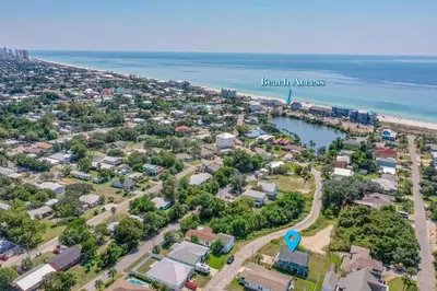 an aerial view of a town with the ocean at Nearby Beach l Friends & Family l Pet-Friendly in Panama City Beach