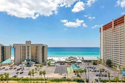 a view of a parking lot in front of the ocean at Laketown Wharf 927 in Panama City Beach