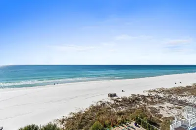 an aerial view of a beach with the ocean at Pelican Walk 609 in Panama City Beach