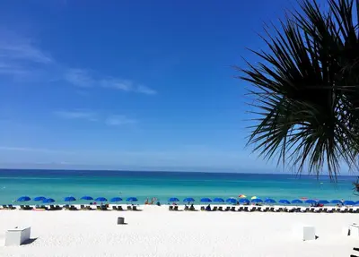 a beach with umbrellas and chairs and the ocean at Pelican Walk 301 in Panama City Beach