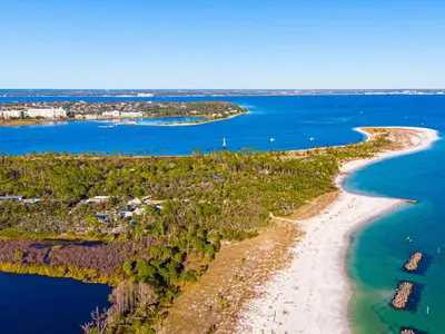 an aerial view of a beach and the ocean at Ocean Pearl Villa in Panama City Beach