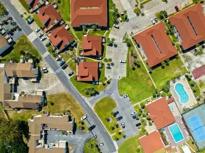 an overhead view of a residential suburb with houses at Renovated Townhome 5 mins walk to Beach, in the best resort in PCB, Horizon South in Panama City Beach