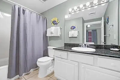 a bathroom with a toilet and a sink and a mirror at Calypso 2-103 West in Panama City Beach