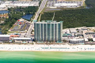 an aerial view of a hotel and the beach at Aqua Resort 905 by Emerald Coast Retreats in Panama City Beach