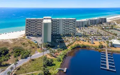 an aerial view of a resort and the beach at Drift on Inn by Oversee 30A in Carillon Beach