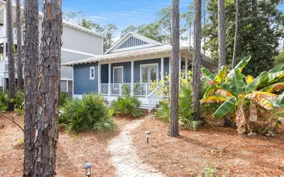 a blue house with trees in front of it at Instant Gratification by Oversee 30A in Santa Rosa Beach