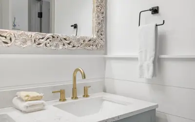 a white bathroom with a sink and a mirror at Peace of Mind by Oversee 30A in Santa Rosa Beach