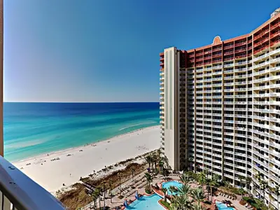 a view of the beach from the balcony of a resort at Shores of Panama #1423 in Panama City Beach