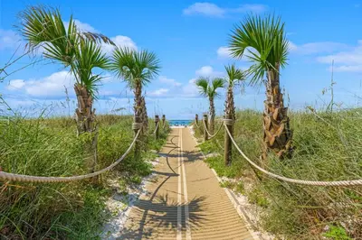 a rope path with palm trees on a beach at Moondrifter #803 in Panama City Beach