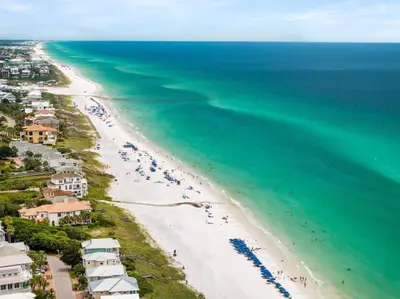 an aerial view of a beach and the ocean at Beach Condo with Heated POOL and Tennis Courts and Beach Access and 6 Beds that Sleep 8 in Santa Rosa Beach
