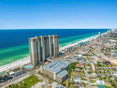 an aerial view of the beach and the ocean at Stunning Beachfront 