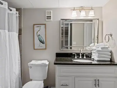 a bathroom with a toilet and a sink and a mirror at Edgewater Tower III #1212 in Panama City Beach