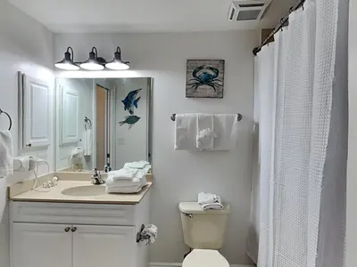 a bathroom with a sink and a toilet and a mirror at Boardwalk #1008 in Panama City Beach