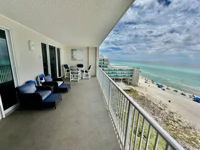 a balcony with a view of the beach at Ocean Reef 804 in Panama City Beach