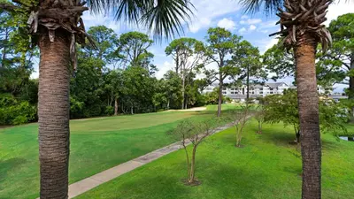 a view of a golf course with palm trees at Edgewater Golf Villa 707 in Panama City Beach