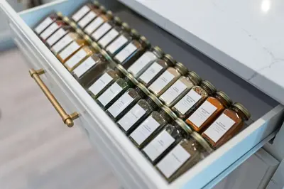 a drawer full of bottles in a refrigerator at 30A Beach Villa Steps to Beach Dog Friendly with Peloton and Bikes in Rosemary Beach