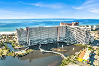 an aerial view of the trump international hotel casino at The Blue Turtle Laketown in Panama City Beach