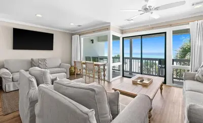 a living room with a couch and chairs and a television at Latitude 29 Unit 22 in Panama City Beach