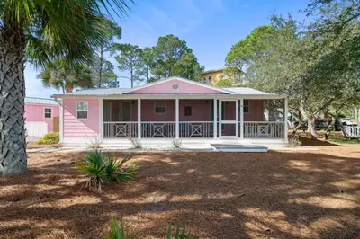 a pink house with a palm tree in front of it at Tutti Frutti in Santa Rosa Beach