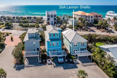 an aerial view of a house with the ocean in the background at 30A Lemon Shello in Seacrest