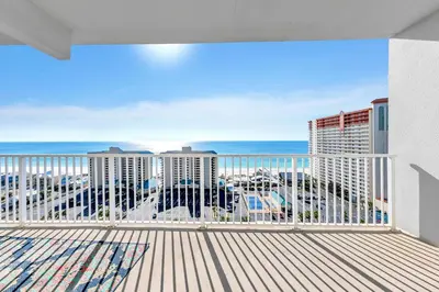 a balcony with a view of the ocean at Laketown Wharf 1523 by Emerald Coast Retreats in Panama City Beach